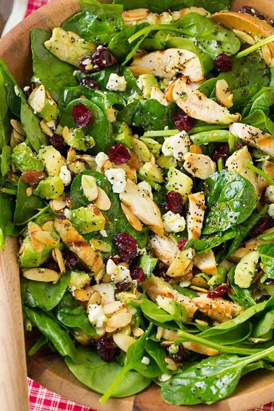 Cranberry Avocado Spinach Salad with Chicken and Orange Poppy Seed dressing