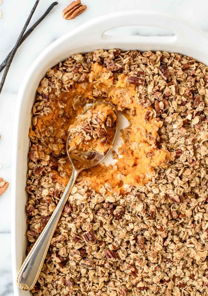 Vanilla Bean Healthy Sweet Potato Casserole with Crunchy Pecan Oat Topping