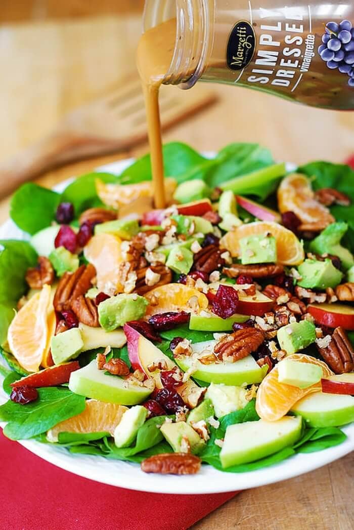 Apple Cranberry Spinach Salad with Pecans, Avocados (and Balsamic Vinaigrette Dressing)