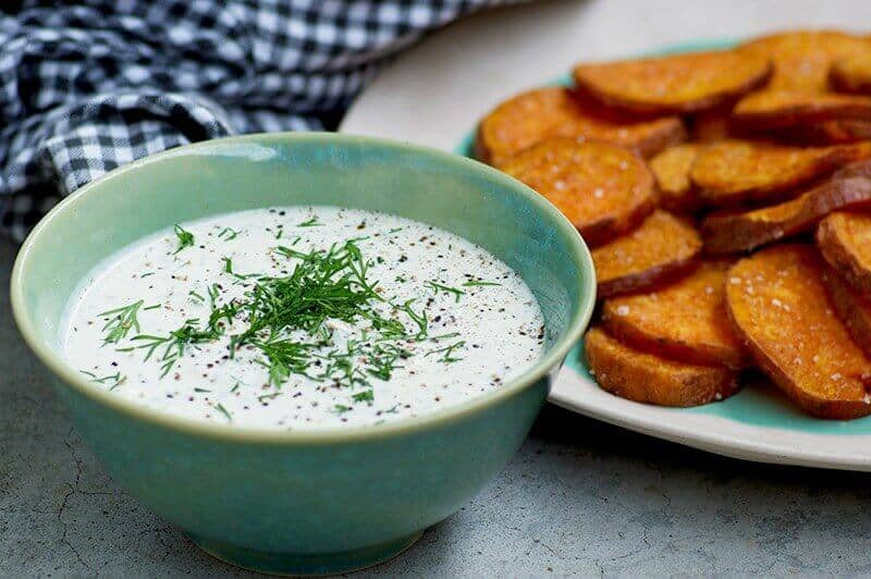 Sweet Potato Chips with Creamy Lemon and Dill Dip