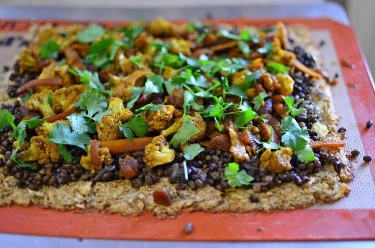 Black Mung Bean Curry Pizza with a Cauliflower Crust