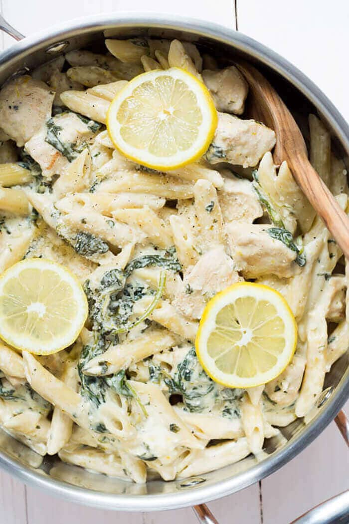 One Pot Creamy Lemon Chicken Pasta With Baby Kale