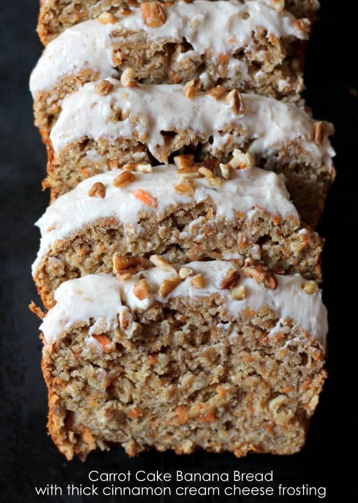 Carrot Cake Banana Bread with Thick Cinnamon Cream Cheese Frosting