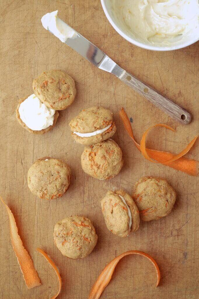 Carrot Cake Mini Whoopie Pies with Honey-Orange Cream Cheese Icing