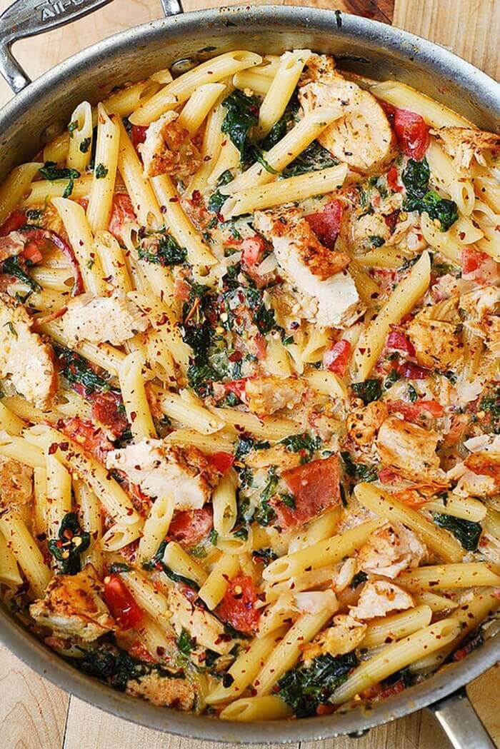 Chicken and Bacon Pasta with Spinach and Tomatoes in Garlic Cream Sauce
