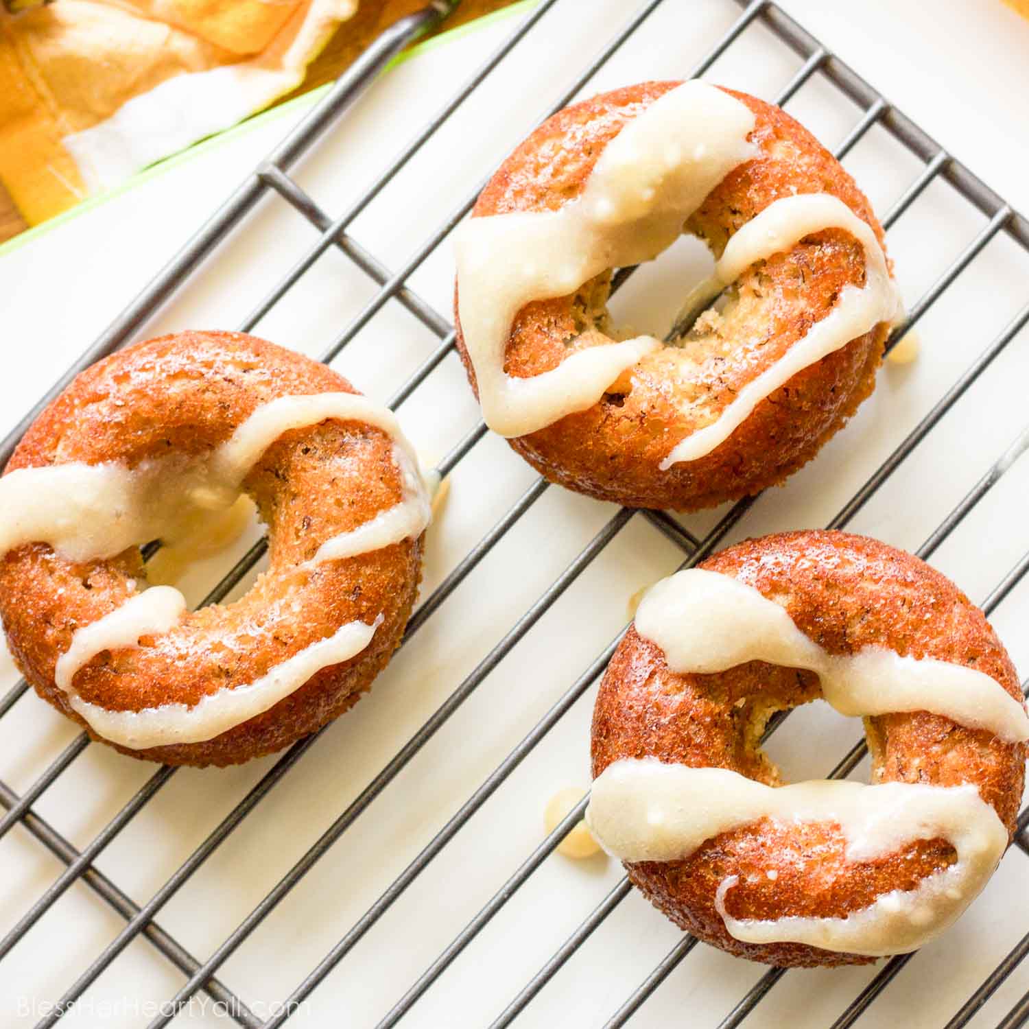 Gluten-Free Banana Bread Donuts + Honey Cream Cheese Drizzle